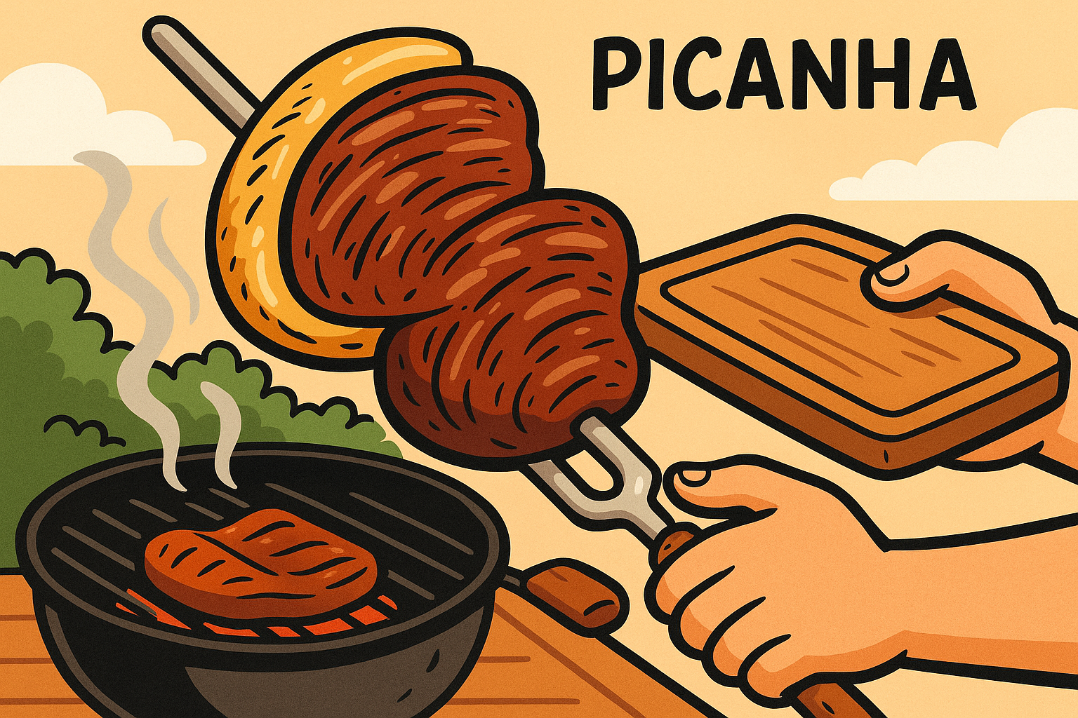 Picanha e cortes de carne assados na brasa do churrasco